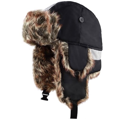 Image of Faux Fur Safety Reflective Aviator Trapper Hat Snow Ski Trooper Winter Cap