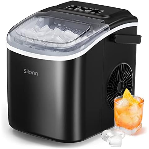 Silonn Ice Maker Countertop, 9 Cubes Ready in 6 Mins 26lbs in 24Hrs, Self-Cleaning Ice Machine with Ice Scoop and Basket, 2 Sizes of Bullet Ice for Home Kitchen Office Bar Party, Black Cover