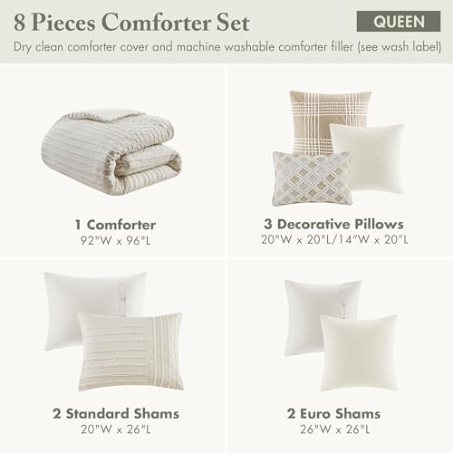 Image of Madison Park Queen Comforter Set Clipped Jacquard Stripes with Buttons Boho Comforter for a Queen-Size Bed, Cotton Oversized Comforters with Removable Cover Boho Bedding, Queen Ivory 8 Piece