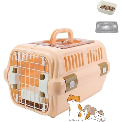 Kwueiit 小動物 キャリー ペット ゲージ ハード ブペット クレート 小型犬用 2サイズ 天窓付き ツードア 猫 犬 取っ手付き 室内用ハウス (オレンジ色(天窓付き),55*36.5*35cm)