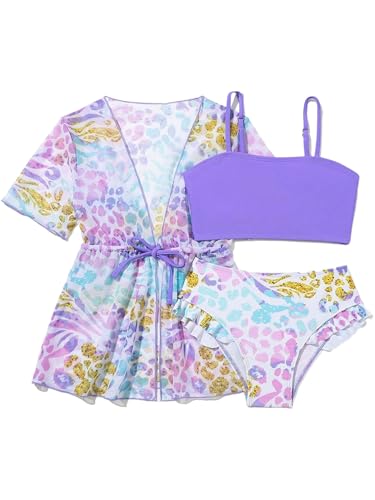 Moily Little Girls 3 Pcs Bathing Suits Floral Short Sleeve Kimono Top Bikini Bra with Brief Swimsuits - Main Image