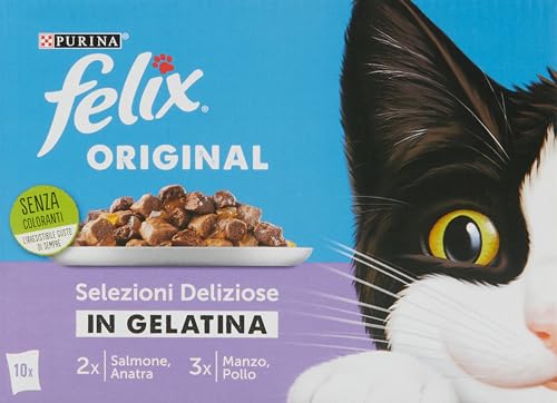 Felix Original Selezioni Deliziose In Gelatina Con Salmone, Anatra, Pollo E Manzo, 1 Confezione Con 10 Bustine Da 85 G (Totale 850 Gr)