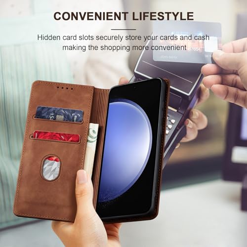 Image of Jasonyu Flip Wallet Case for Samsung Galaxy S23 FE,Leather Magnetic Folio Cover with Card Holder,Kickstand - TPU Shockproof Durable Protective Phone Case,Brown