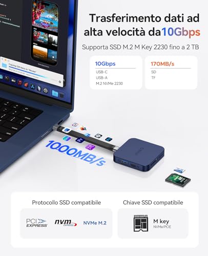 Docking Station Magnetica USB C, Involucro per SSD M.2 NVMe, Docking Station 8 in 1 con HDMI 4K@60Hz, PD 100W, USB-A 10 Gbps, SD/TF, Audio. Hub USB C Dockingstation per iPhone/Dell Lenovo MG7 - Hub USB - Immagine 4