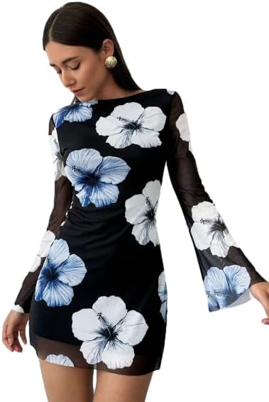 SKAYS Women's Fall Mini Long Mesh Sexy Sleeve Dress Backless Bodycon Party Short Dress