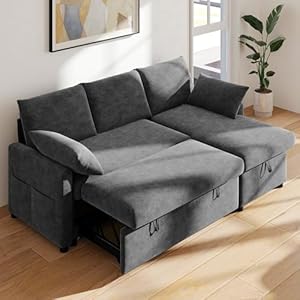 Real Relax 80” Sofa Bed, L Shaped Chenille Sleeper Sofa Couch with Pull Out Bed and Chaise Storage for Living Room, Apartment and Office, Dark Gray