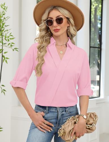 Image of LOMON 3 /4 Length Sleeve Womens Tops Dressy V Neck Collared Shirts Trendy Business Casual Work Blouses Vacation Outfits 2026