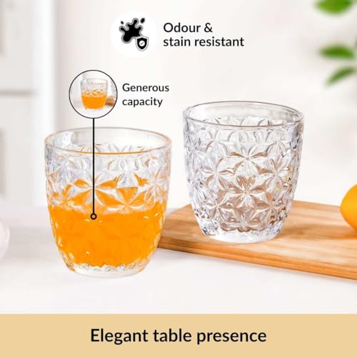 Image of Nestasia Transparent Small Juice Glasses Set of 6 (260 ml Each) - 100% Food Safe & Dishwasher Safe Floral Textured Tumblers - Ideal for Water, Tea, Coffee & Refreshments - Perfect for Gifting
