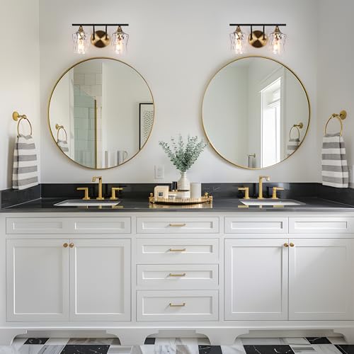 Image of KSANA Bathroom Vanity Lights, 2-Light Black and Electroplated Brass Vanity Light Over Mirror Mid-Century Modern Bathroom Light Fixtures with Textured Glass, 14 inch L x 6.7 inch W x 7.3 inch H