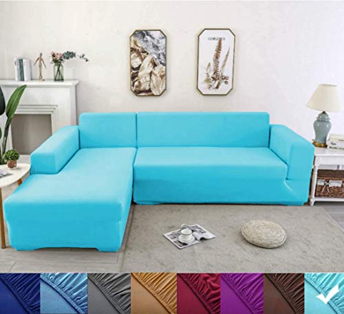 Youjoy Funda para Sofá Chaise Longue - Funda Sofá Elástica Poliéster Funda Sofá de Esquina (Necesita Comprar 2 Piezas) (1 Plaza: 90-140 cm, Azul Celeste)