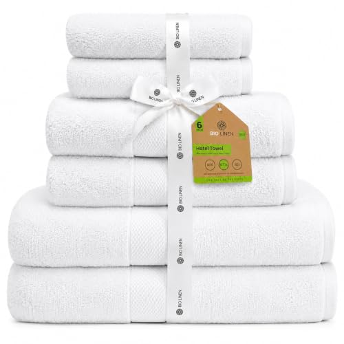 BIOLINEN Cotton Bath 6 Pack Towel, White, Two 27X54 Bathtowel, Two 20X28 Handtowel, Two 12X12 Washcloth