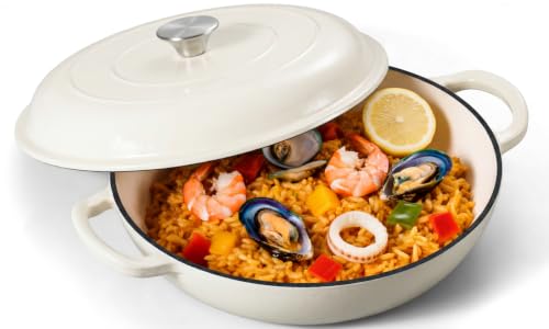Leonyo 3.6QT Enameled Cast Iron Skillets Braiser Pan with Lid, Cream White