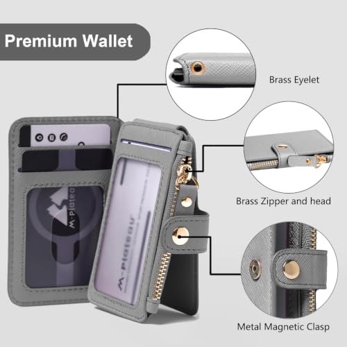 Image of M-Plateau RFID Blocking Slim Keychain Wallet for Women | PU Leather Keychain Pouch with ID Window & Zipper Pocket, Mini Credit Card Case for Daily Carry (Grey)