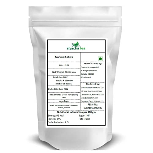 Image of Siyacha Tea, Kashmiri Kahwa Green Tea, 500 Grams, Cinnamon, Clove, Saffron, Almond Preium Spice Blend, Loose Leaf Chai Patti, 100% Natural, Makes 250 Cups (approx)