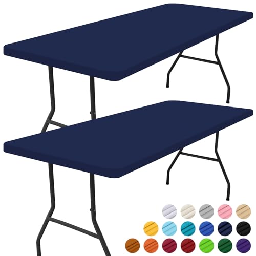 Smiry Rectangle Picnic Table Cloth 2 Pack, Waterproof Elastic Fitted Tablecloths for 6 Foot Tables, Washable Polyester Table Cover for Camping, Indoor and Outdoor (Navy, 30"x72")