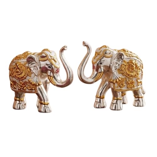 Image of eCraftIndia Silver Golden Set of 2 Elephant Statue Showpiece for Home Decor Office Table | Animal Figurines Good Luck Gift for Housewarming Birthday
