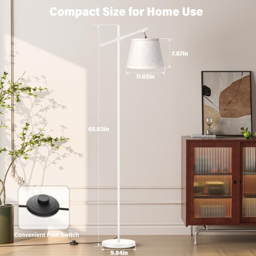 Image of SIBRILLE Floor Lamp with Linen Shade, Dimmable Tall Standing Lamp with Remote Control & 3 Color Temperatures Bulb, Modern Swing Arm Floor Lamps for Living Room Bedroom Office Corner