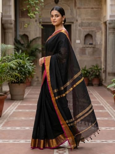 Image of Cotton Silk Sarees with zari border l Solid color cotton silk sarees for women l Bengal Handloom cotton sarees.