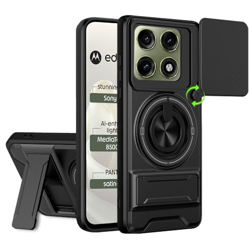Image of AESTMO Moto Edge 70 Pro / 70 Pro Plus 5G Back Cover | Armor Camera Slider 360 Degree Rotating Finger Ring Holder Case with Bracket Stand Back Case Cover (Compatible with MagSafe Accessories) Black