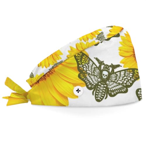 Mularoka Watercolor Sunflowers Butterflies Working Caps with Button Sweatband Comfortable Adjustable Bouffant Hats Work Hat for Women Men