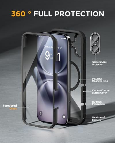 Image of Miracase Magnetic for iPhone 16 Plus Case Full-Body Phone with Built-in Glass Screen Protector, [Compatible with MagSafe] Military Drop Proof 16 Plus Cover Bumper 6.7 inch, Black