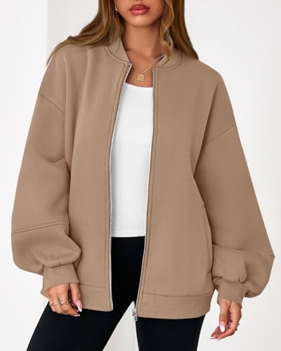 KIRUNDO Oversized Sweatshirt for Women Zip Up Bomber Jacket(Khaki, XL) - image 6
