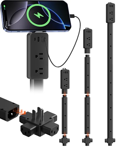 Electrical Outlet Extender Stick Black with 4-Way Flat Plug | Extends 8-36 | Outlet Extender with 2AC Outlets 2USB-A & 1USB-C Ports | Socket Expander Access Hard-to-Reach Outlets Bed Sofa Behind