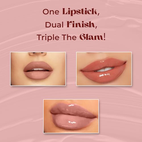Image of JAQULINE USA Double Take Matte & Gloss Lipstick | Dual Finish | Long-Lasting | Non-Transfer | High Shine & Intense Color - Caramel Creme 06, 6.5 ml