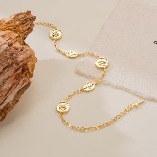 Gold Bracelets For Women 14K Gold Bracelet For Women Jesus Cross Bracelet For Womens Religious Cupid Coin Link Chain Virgin Mary Bracelets For Womens4