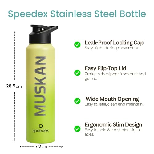 Image of Speedex Engraved Name Stainless Steel Sipper Water Bottle 1 Ltr - Customised Personalised Bottle for Kids & Adults, School, Gym, Sports, Black, Set of 1 (Lime Green, Set Of 1)