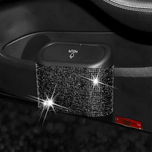Image of AICEL Bling Car Trash Can with Lid, Crystal Rhinestones Leakproof Auto Garbage Hanging Container Bin, Multipurpose Diamond Dustbin Storage Organizer, Universal Vehicle Accessories (Black)