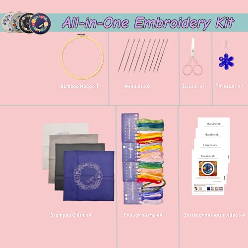 Image of Speedura 4-Set Embroidery Kit for Beginners - Easy Needlepoint Starter Kit for Adults to Learn Hand Embroidery with Stamped Designs, Cross Stitch Patterns, and Fun DIY Projects (Floral Inspiration)