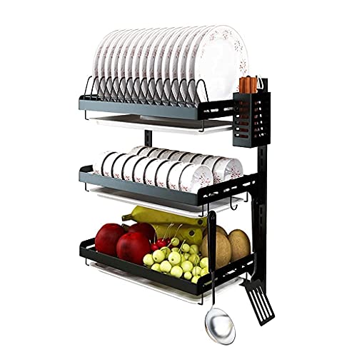 GUHPZA Escurridor De Platos De 3 Niveles, De Acero Inoxidable 201, Color Negro, para Cocina, Montaje En Pared, Organizador De Vajilla, 41,2 X 26,6 X 55,5 Cm, Multifunc