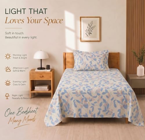 Image of BSB HOME 210 TC Cotton Feel Single Bedsheet with 1 Pillow Cover, Soft & Breathable Floral Printed Bed Sheet, Fade Resistant, Bedding for Home & Bedroom, 60 x 90 Inches (152 x 229 cm) (Oatmeal)