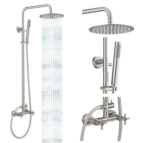 gotonovo Outdoor Shower Fixtures SUS304 Stainless Steel Rain Shower Kit Faucet High Pressure Wall Mount 2 Dual Function 8 Inch Showerhead and Handheld Spray Combo, Double Cross Handle, Brushed Nickel
