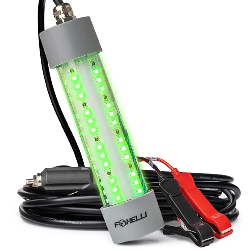 Foxelli Underwater Fishing Light – 3900-Lumen DC12V 30W Submersible IP68 Waterproof Green Fishing Light Attractant with 33ft Cable & Battery Clamps for Night Crappie & Squid