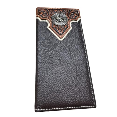 Urbalabs Mens Long Wallet Coffee Leather Soft Leather Tooled Checkbook Style Cowboy Hand Crafted High End Mens Wallets Leather Lone Star Rodeo Concho Gifts For Men, COWHRBLKHRS001