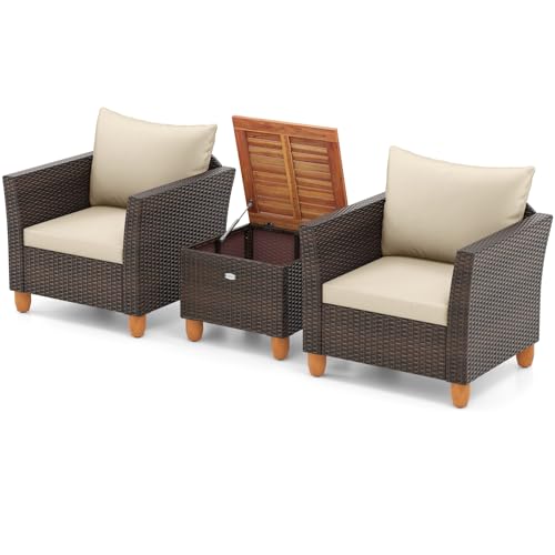 Tangkula 3 Piece Patio Furniture Set, Patiojoy Outdoor PE Wicker Bistro Set with Soft...