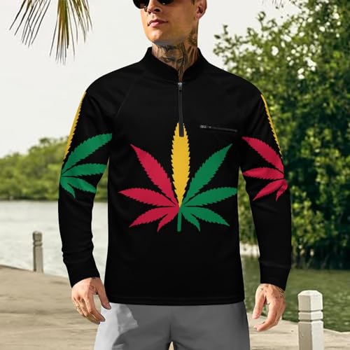 Marijuana Hemp Leaf Jamaica Flag Men's Rash Guard Long Sleeves Quick Dry Fishing Workout Shirts with Zipper2