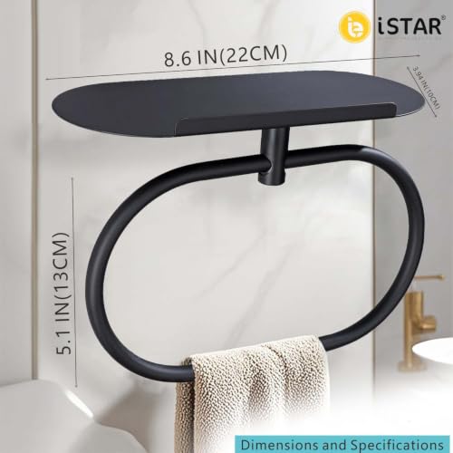 Image of Bathroom Towel Ring with Shelf, 304 Stainless Steel Towel Holder for Bathroom Wall Mount, Self Adhesive or Drill Installation, Rustproof Hand Towel Ring (Black)