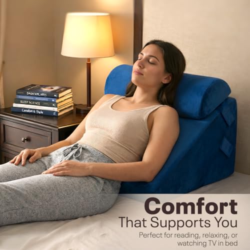 Image of Orthopedic Adjustable Wedge Pillow with Memory Foam & Headrest for Back Support, Leg Elevation, Acid Reflux, GERD, Snoring Relief - 7 Inclines - Soft Washable Cover - Navy Blue (56 x 53 x 38 CM)