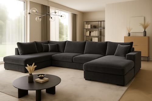 A&J MöbelLand Ecksofa Fabio 328x182 cm mit Schlaffunktion, Bonellfederkern und Bettkasten in Schwarz – modernes Schlafsofa mit Stauraum A&J MöbelLand Ecksofa Fabio 328x182 cm mit Schlaffunktion, Bonellfederkern und Bettkasten in Schwarz – modernes Schlafsofa mit Stauraum