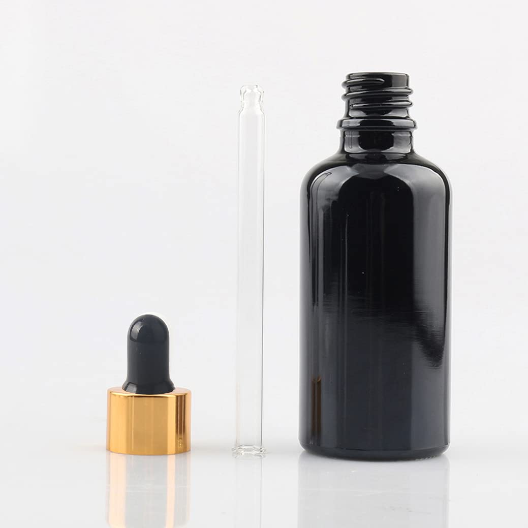 24 Piezas Negro Frasco Cuentagotas Cristal 50ml, Botellas Cuentagotas Vacío con Pipeta de Vidrio Oro/Negro, para Fragancias de Arorapia de Aceites Esenciales, Masaje, Viaje