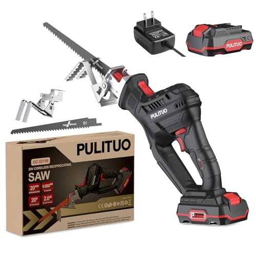 PULITUO Reciprocating Saw Cordless, 20V Max 3000SPM Power Reciprocating Saws Compact Design, with 2000mAh Li-Ion battery, Clamp Jaw, Electric Saw Battery Powered For Wood/Trees Cutting