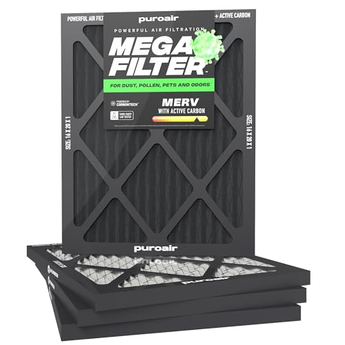 PuroAir Mega Filter - MERV 13 16x20x1 Air Filters For Home With Activated Carbon - Filters Allergens, Pet Dander, Smoke, Dust - Furnace and AC Filters - Air Filters 16x20x1 MERV 13 (4 Pack)