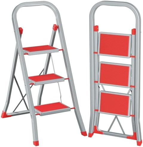 AMHANCIBLE Trittleiter, Leiter mit 3 Stufen, bis 150 kg belastbar | Klapptritt mit breitem Anti-Rutsch-Pedal und Klappsicherung, Einfach zu Verstauen, Perfekt für Küche & Haushalt