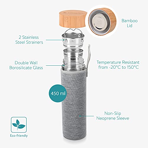 Navaris Botella de Agua de Cristal - Termo para té de 450 ML de Vidrio de borosilicato - Tetera con Filtro para té de… - Imagen 5