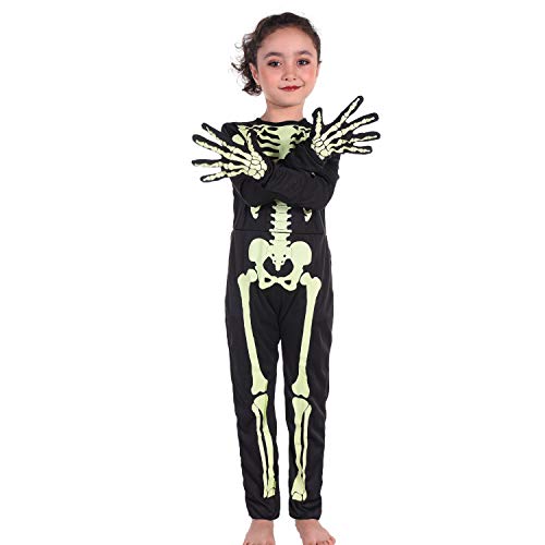 HBBMAGIC Kinder Skelett Kostüm mit Skelett-Handschuhen Mädchen Jungen für Halloween, Fasching, Karneval, 3-4 Jahre Cover