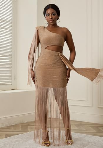 Women's Sexy One Shoulder Fringe Dress Sleeveless Cut Out Bodycon Birthday Party Tassel Maxi Dresses2