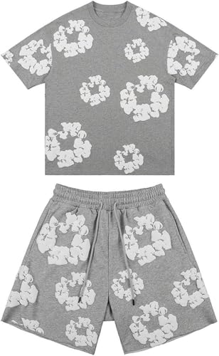 Generisch Herren Baggy Buchstaben Tracksuit Trainingsanzug T-Shirt und Shorts Set 2 Teiliges Sommer Trainingsanzug Jogginganzug Y2K Hip Hop Streetwear Zweiteiler Blumen Motiv Outfits Sportanzug